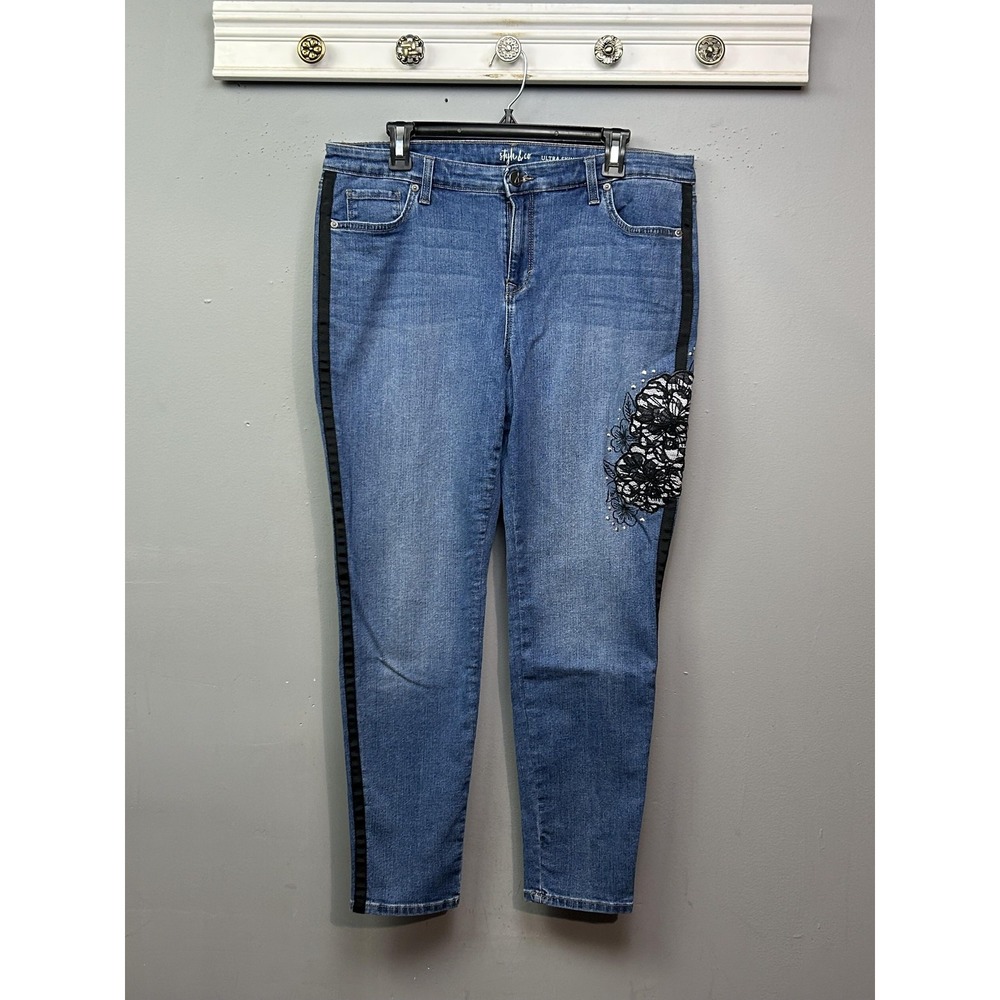 Style & Co Jeans Womens 14 Blue Ultra Skinny Floral Lace Patch Side Stripe Ankle